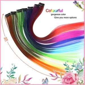 Close-up of 50cm colorful clip-in hair extensions showing vibrant gradient textures
