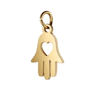 Golden Hamsa hand charm pendant with heart cutout and polished stainless steel finish