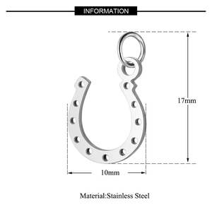 Detailed dimension view of stainless steel horseshoe lucky charm pendant with ring