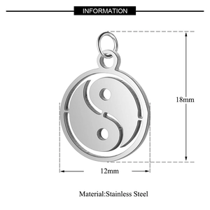 Detail showing Tai Chi Yin Yang pendant dimensions 18mm by 12mm in stainless steel