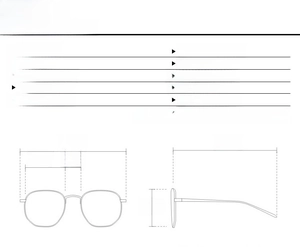 Detailed size chart for kids' rimless polygon sunglasses with frame and lens measurements