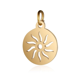 Golden stainless steel round pendant featuring a hollow sun design on a white background