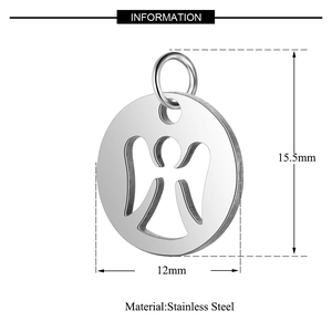 Detail view of 15.5mm x 12mm stainless steel angel pendant with precise measurements