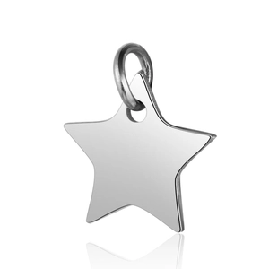 Detailed view of a polished stainless steel star pendant with a shiny metallic finish