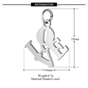Detail of stainless steel LOVE pendant showing hollow heart design and 19mm dimensions
