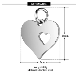Macro detail of 16mm stainless steel hollow heart pendant with dimension and weight info
