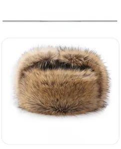 Front view of thickened faux fox fur ushanka hat with warm ear flaps in brown