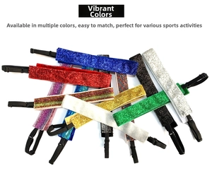 Detail of multi-color sequin sports headbands with adjustable black elastic straps