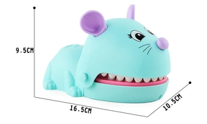 Detailed dimensions of the blue cartoon mouse biting finger toy showing 16.5x10.5x9.5cm size