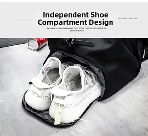 Detail showing independent shoe compartment in black waterproof gym bag for sports