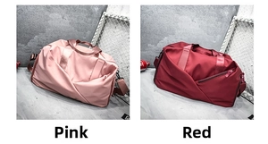Pink and red fitness bags with separate wet and dry compartments in high density nylon