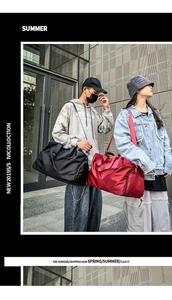 Outdoor fitness bags in black and red nylon fabric shown in professional street style shots