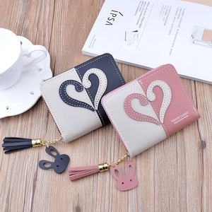Women short mini zip wallet with patchwork heart design and rabbit tassel charm in bicolor