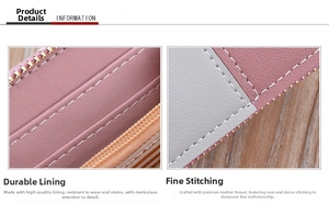 Close-up of pink leather coin purse showing zipper detail and precision stitching