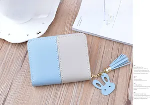 Close-up of color-block mini wallet with zipper closure and cute rabbit tassel charm