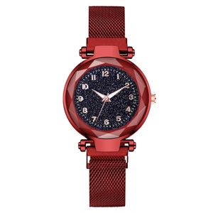 Elegant red starry sky watch for women with magnetic Milanese mesh band and rose gold hands