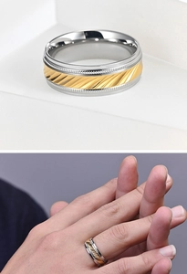 Detail view of two-tone stainless steel spinning ring with slanted textured patterns