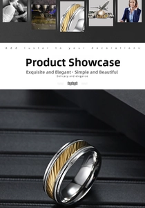 Detail of titanium steel ring featuring gold diagonal texture and knurled edges