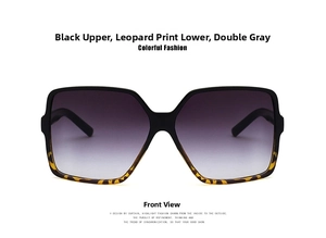 Front view of square oversized sunglasses with black and leopard print frame and grey lenses