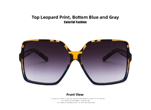 Front view of square oversized sunglasses with leopard print and blue gradient frames