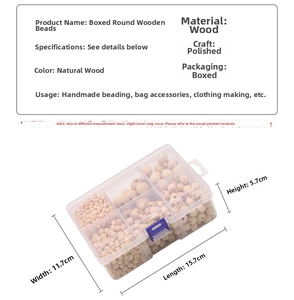 Macro detail of natural wood bead set in a sorted plastic organizer box with dimensions