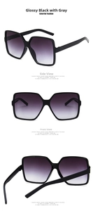 Detail view of square black frame sunglasses with grey gradient lenses from three angles