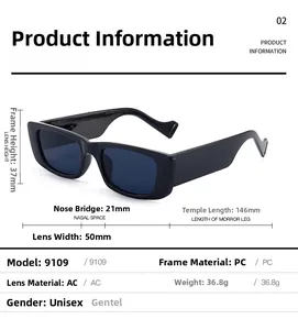 Detailed size dimensions of vintage rectangular sunglasses with durable PC frames