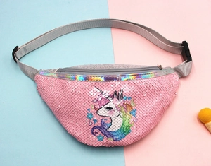 Close-up of kids pink sequin waist bag featuring unicorn print and laser reflective trim