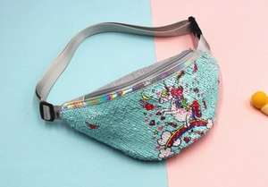 Detail view of unicorn sequin waist bag for girls with laser edge and adjustable strap