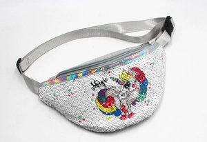 Detail of silver sequin waist bag with unicorn print and adjustable nylon buckle strap