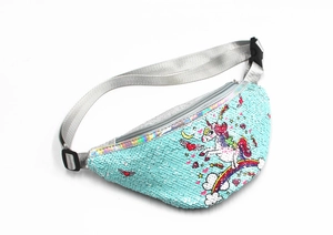 Detail of blue sequin fanny pack with unicorn print and rainbow zipper for girls