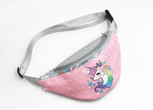 Detail of adjustable gray nylon strap and plastic buckle on pink sequin unicorn fanny pack