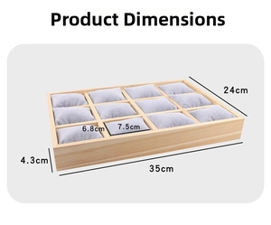 Details zur 12-Gitter Uhrenschale aus Holz mit Maßen 35x24x4,3cm und grauen Kissen