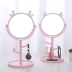 Pink cat ear vanity mirror with jewelry hooks and storage base for desktop makeup