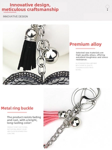 Detail of sequin heart keychain with black and pink tassels and silver alloy hardware