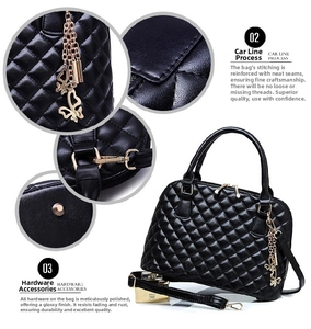 Detailed view of quilted handbag featuring gold-tone zippers and butterfly tassel charm