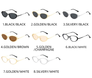Multiple color options for oval frame sunglasses with metal temples in a grid layout