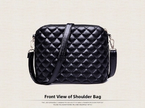 Detailed front view of black quilted faux leather shoulder bag with gold zipper accents
