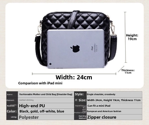 Size chart for quilted tote set showing 24x19x11cm dimensions and iPad mini comparison