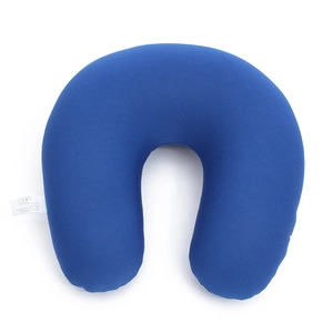 Close-up of blue U-shaped travel neck pillow with soft elastic fabric and CE label