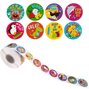 Roll of 8 colorful cartoon animal reward stickers for kids featuring positive English praise