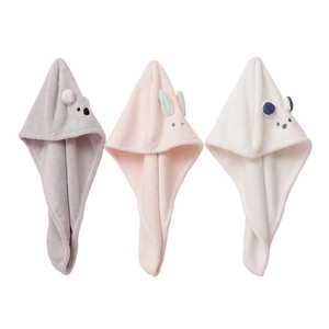 Three coral fleece hair drying caps with cartoon bunny ears in pink, white, and grey