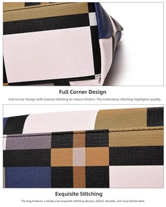 Close-up of the reinforced corner design and durable double stitching on plaid tote bag