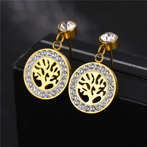 Elegant gold titanium tree of life earrings with sparkling white crystals for women