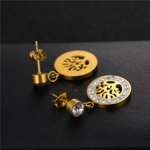 Gold plated stainless steel Tree of Life drop earrings with sparkling pavé crystal detail