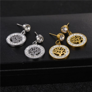 Titanium steel Tree of Life stud earrings with crystals in gold and silver finishes