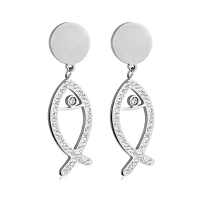 Detail of silver fish earrings featuring white zircon inlay and polished stainless steel