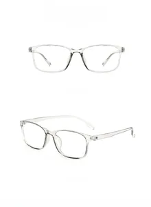 Front and side views of transparent grey TR90 square glasses frames with lens specifications