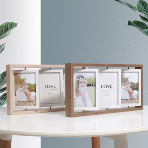 Rotating Nordic wood double-sided 6-inch photo frame with three swivel slots for home decor