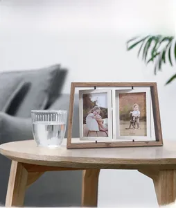 Rotating 4x6 inch double-sided wooden photo frame with natural grain finish in Nordic style